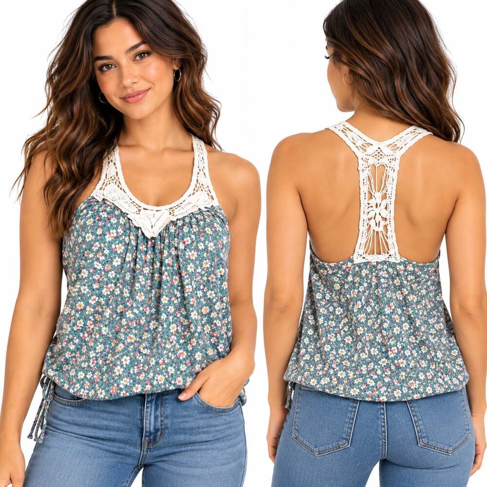 Forever 21 Womens Floral Tank Top Crochet Lace T Back Boho Blouson Green Large